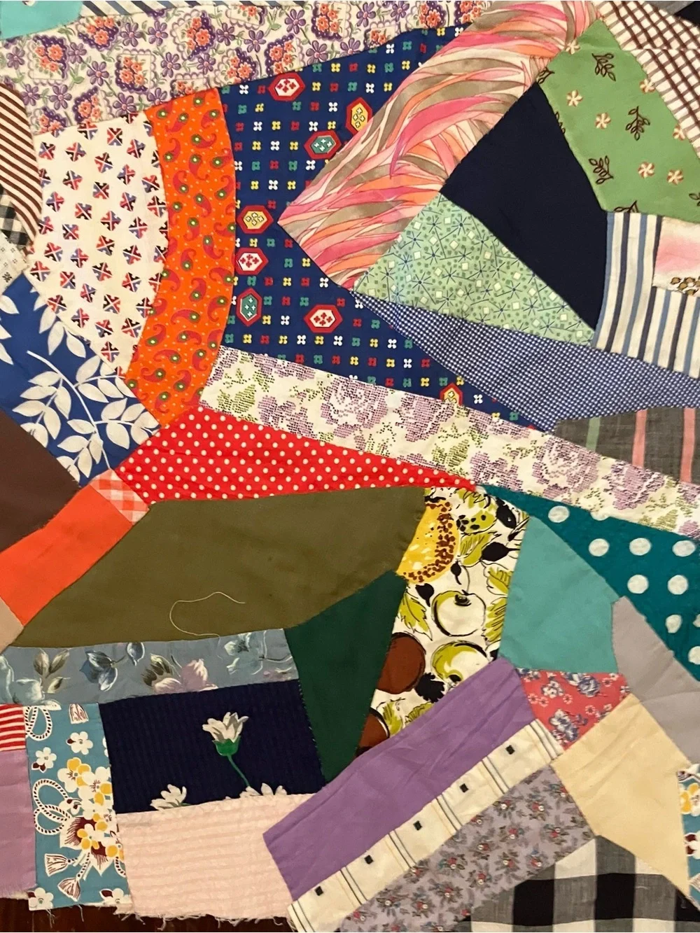 VTG Handmade Hand Pieced Stitched Scrap Crazy 72 x 88 Quilt Top Farmhouse